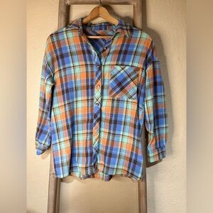 Women’s Plaid Button-Up Shirt - Blue, Orange, Brown